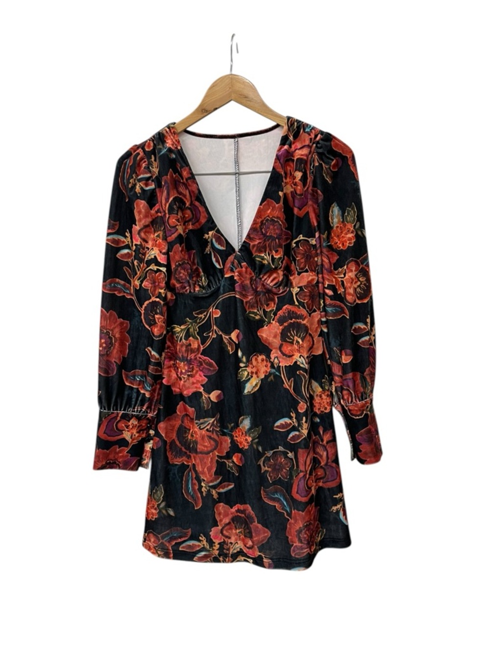 Cider Floral Velvet Long Sleeve Mini Dress S